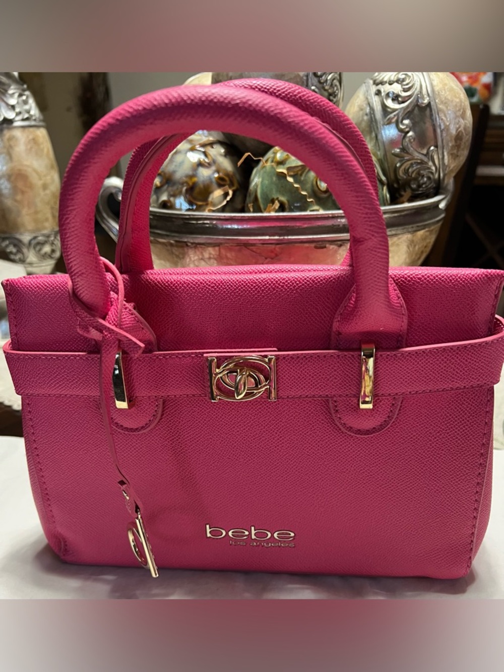 bebe Hot Pink Structured Satchel with Gold Hardware